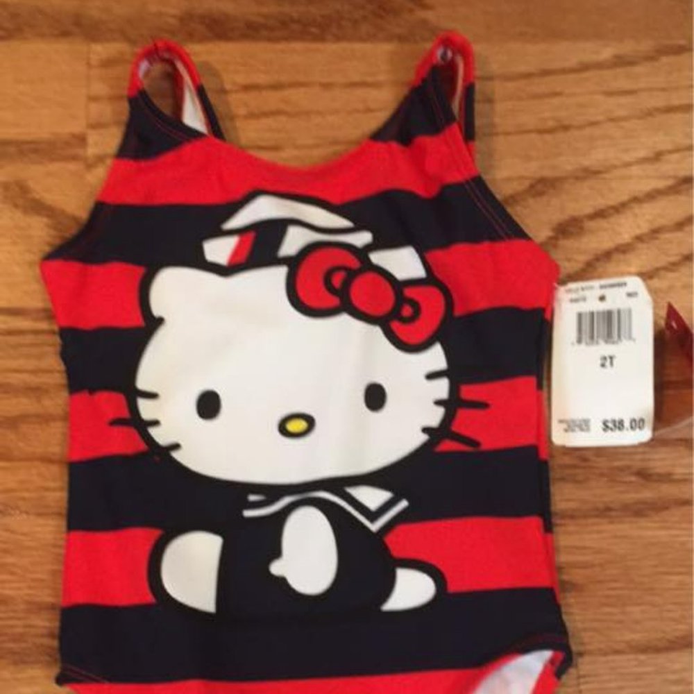 NWT-Hello Kitty swimsuit, size 2T, orig $38, red and navy stripes